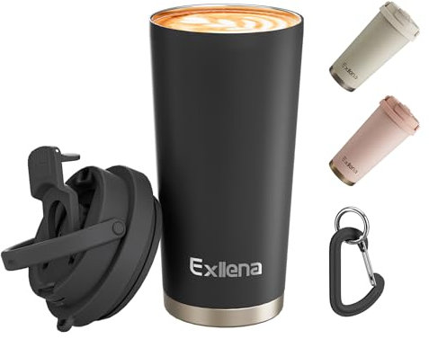 Exllena Travel Mug - Insulated Coffee Cup 500ml with 3-in-1 Lid - 100% Leakproof Coffee Mug with Handle and Clip Perfect for Travel, Office, and Outdoor Activities...(Black)