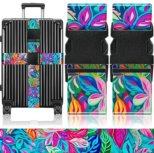 OffiEase Luggage Straps for Suitcases Travel Belt - Baggage Identifiers Suit Case Accessories with Buckle Nylon Adjustable Band Over Handle for Airport 2 pack Colorful Leaf