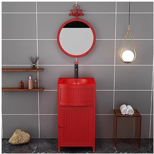 ZTGL Lavandino A Colonna da Esterno in Ferro Battuto, Stile Industriale Mobile da Bagno con Lavabo e Almacenamiento, Lavabo Freestanding Bagno con Rubinetto e Scarico,Rosso,with Mirror