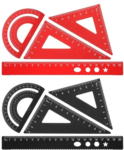 PATIKIL Set di Squadra Triangolare, Righello Metrico da 20cm in Alluminio, Squadra Triangolare 45°60° e Goniometro, 8Pz, Nero/Rosso