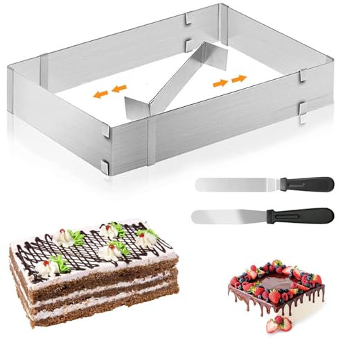 Rectangle Cake Tin, Adjustable Baking Frame, Stainless Steel Cake Mold, Square Cake Tin, Square Adjustable with Divider, Spatula for Cakes, Pies, Pizza, Baking and Decorating