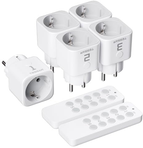 TESSAN Set di Presa Telecomandata, Distanza Telecomando 30,5 M, 5 Prese con 2 Telecomando, Presa per Decorazioni Natalizie, Elettrodomestici e Lampade, 2300 W, Bianca