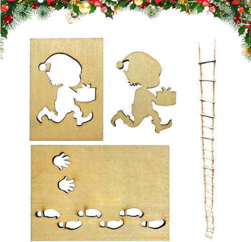 Lustig Wichtel Fußabdruck Schneespray Fenster Schablonen mit Wichtel Strickleiter, Wichtel FußAbdrüCke Schablone, Wichtel Zubehör, Wichtel Weihnachtsdeko für Dekorationsböden, Fenster usw (#C)