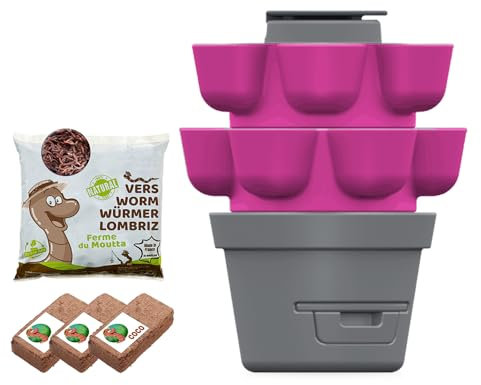 Moutta | WORMgarden Fuchsia 2 jardinières + 250gr de vers de Compost | Jardin Potager Vertical avec lombricomposteur | Cultivez Vos Fruits et légumes | Créez Votre Potager et recyclez Vos déchets
