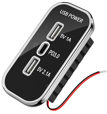 Kriogor 3 Ports 12V USB Socket, RV USB Outlet, Quick Charge PD3.0 Type C & Dual U SB-A Charger Socket Panel, Car Charger U SB 12 Volt Outlet for 12V/24V Car RV Marine Boat