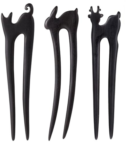 Lot de 3 épingles à cheveux en bois sculptées à la main en forme de U - 2 dents - Fourchettes à cheveux françaises - Design chat mignon - Pour femme et fille