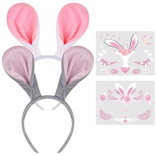 GWAWG 2 Stück Hasenohr Kopfband, Niedliches Plüsch-Hasenohr Stirnband, Kaninchen Kostüm Zubehör mit 2 Gesichtstattoos (Grau & Rosa) für Karneval, Halloween und Ostern