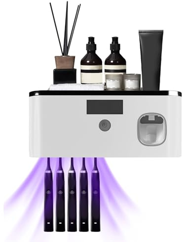 Soporte Esterilizador Cepillo de Dientes con UV para 5 Cepillos,Soporte para Cepillo De Dientes De Baño Montado En La Pared con Función Esterilizador,Carga de Energía Lumínica,USB Recargable 1200mAh