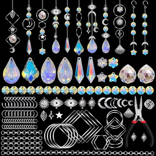 200 Piezas DIY Kits Atrapasoles Carillón Atrapasoles Cristal Colgante Suncatcher de Cristal Carillón de Viento con Colgante para Ventanas,Hogar y Jardín