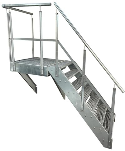 Kaminbau Mierzwa Premium Stahl Wangentreppe 7 Stufen Höhe 133 cm inklusive Podest 100x100cm mit oder ohne Geländer komplett verzinkt Wetterfest Gitterroststufe Gartentreppe (Ausrichtung Treppe Rechts)