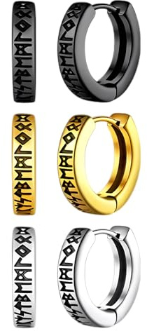 XSDSLS 3 Paires Viking Boucles d'Oreilles Homme Acier Inoxydable Créoles Boucles d'oreilles Runes Nordiques Petites Vikings Norse Créole Geschenke für Homme Bijoux (Set1-3)