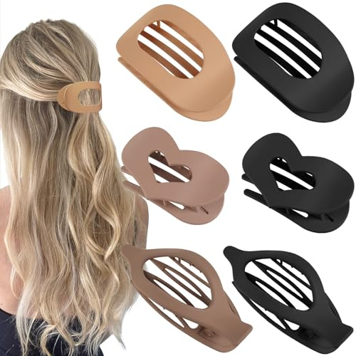 6 Pcs Flache Haarspangen für Frauen 3 Stile Ergonomische gebogene Haar-Krallen-Clips für dicke dünne lockige Haare Starker Halt kein Rutschen Matte Krallen-Clips für alle Haar Texturen (Schwarz/Braun)