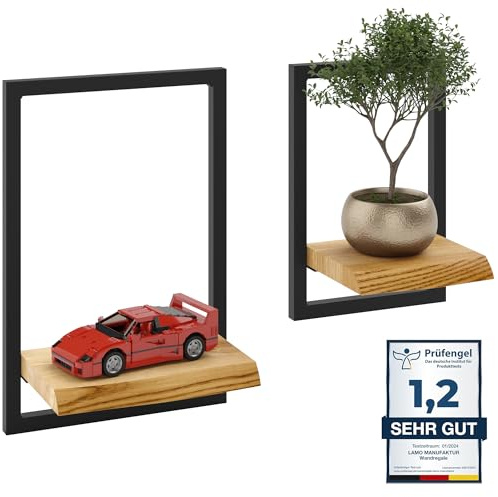 LAMO Wandregal Holz Set 2-teilig - Schwebendes Wandregal aus Massivholz mit unsichtbarer Halterung - Küchenregal, Badezimmer & Wohnzimmer - Wandboard rustikal - hohe Belastbarkeit