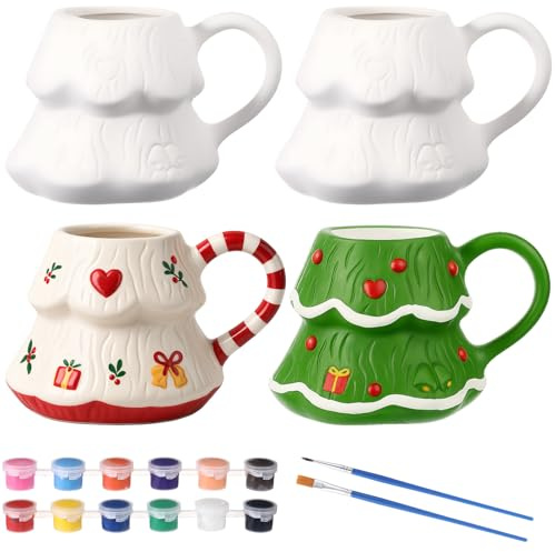 Jingmore 4 Sets Weihnachtsbaum Kaffeetasse Farbe Bastelset Keramik DIY | Bemalen Sie Ihre eigene Tasse für Erwachsene, inklusive weißer Kaffeetasse aus Keramik und Malzubehör für Weihnachtsfeier