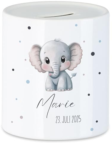 Spardose Kinder mit Namen Personalisiert, Tiermotiv Elefant Geschenk für Mädchen & Junge Geburtstag, Weihnachten, Geburt und Taufe - Sparschwein Geldgeschenk und Wunscherfüller