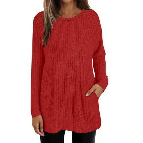 MEIbax Pull Femme Chic Et Elegant à Manches Longues Hauts Tuniques DéContractéS Coupe Ampletricot CôTelé Pull Long LéGer Col Rond Casual Pullover avec Poches Hauts Hiver Printemps (Red, M)