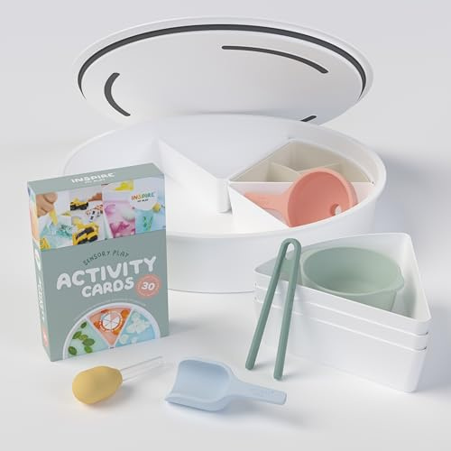 Inspire My Play Paquete de iniciación: contenedor sensorial con Tapa e Insertos de Almacenamiento extraíbles | Cubo sensorial y tapa | Incluye 1 bandeja de juego, 6 compartimentos, tarjetas de actividad, cuenco, mini cuchara