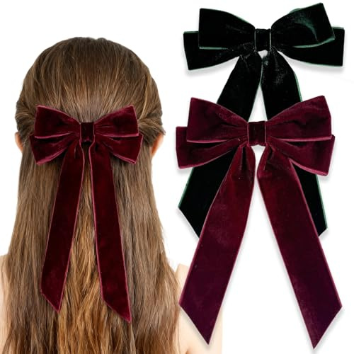 2 Stück Samtschleife Haarspangen Samt Langschwanzschleife Haarspangen Satinschleife, Weinrot ＆ Grün Französische Winterbandschleife Kopfklammer SchleifeKnoten Haarschmuck Für Frauen Weihnachten Haar