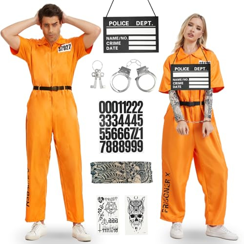 PATEMZON Disfraz Preso, 9 Pieza Pisfraz prisionero Hombre Mujer con Manga Tatuada y Cinturas, Mono Naranja para Adultos, Traje de Preso para Carnaval, Halloween, Carcel Traje Fiesta Cosplay
