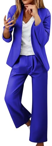 Generisk byxkostym dam affärskläder fritidsoverall elegant, kostym stora storlekar fritid kostym jacka och breda kostymbyxor enfärgad kostymer slim fit byxor bekväm damkostym, blå, L