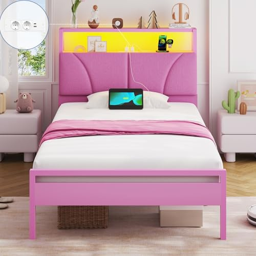 Brinlawb Mädchen Bett 90x200 cm mit LED Beleuchtung und Ladestation (2 AC-Steckdosen, 1 USB-A, 1 USB-C) Bettgestell Jugendbett mit gepolstertem Kopfteil und 2 offenen Regalen, Kinderbett 90x200 Rosa