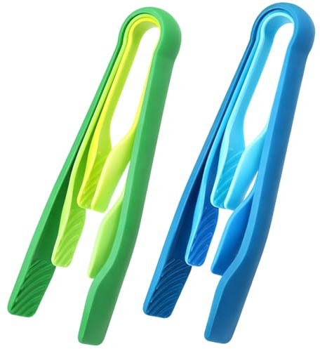 6 PCS Plastic Tongs, Set with 3 Blue and 3 Green Small Tongs for Food, Ideal for Kitchen Cooking and Serving, Durable Utensils for Buffet and Camping