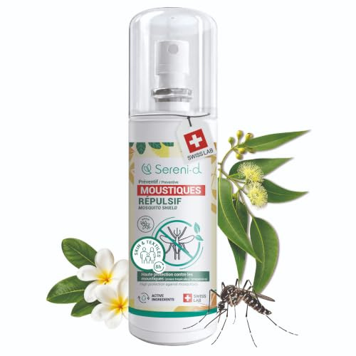 ANTI-MOUSTIQUES MONOÏ Spray Répulsif Corps & Vêtements 100mL – Eucalyptus Citronné – Jusqu'à 8h – Moustique Tigre – Dès 6 Mois – SANS DEET – Swiss Lab – Sereni-d®