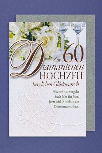 Diamant 60 Hochzeit Grußkarte Foliendruck Blumen Gläser Feier 16x11cm