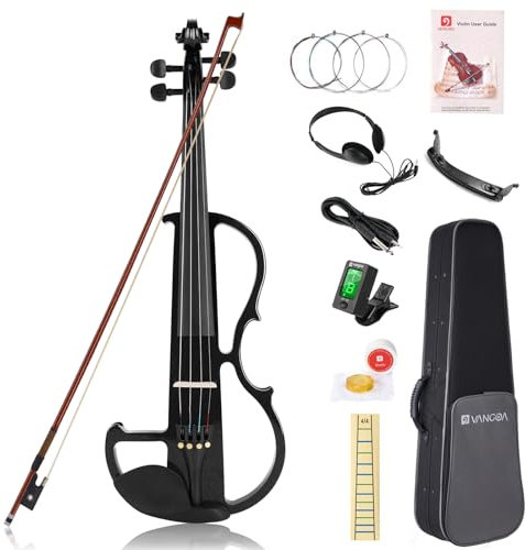 Vangoa 4/4 Elektrische Violine E Geige aus Massivem Holz Electric Stille Violine in Volle Größe mit Kolophonium, Tragetasche, Audiokabel, Schulterstütze, Bogen, Schwarz