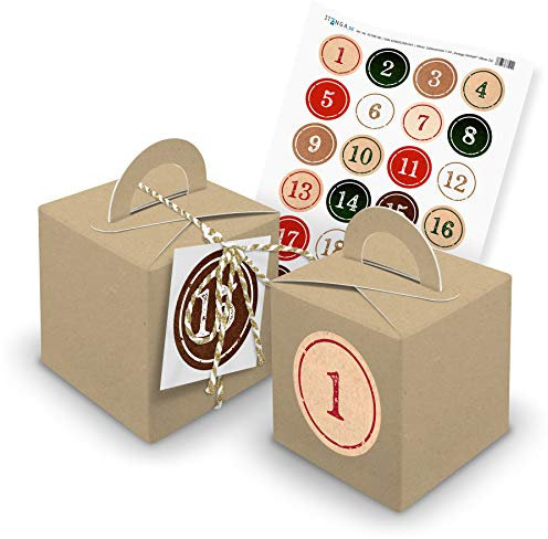 itenga Adventskalender Rohling Schachteln Geschenkverpackung - 24 Würfelboxen Braun Dekogarn Gold (20m x 2mm) Anhänger Weiß Zahlensticker Stempel Design Vintage Braun Schwarz Grün Rot Weiß