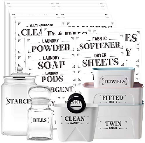 242 Pcs Laundry Room Organization Labels Printed Customizable Water Resistant Stickers with Perforation Line in Various Sizes for Bathroom Laundry Closet Farmhouse Containers Bins