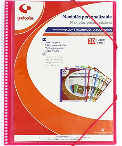 Grafoplás 39843054. Anpassningsbara fodral mapp, 30 Transparent fodral, Fuchsia Rosa, Maxiplas, 30,8 x 24 x 14