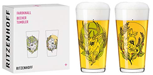 Ritzenhoff 3491001 Becher 400 ml – 2er Set – Serie Farbknall Set Nr. 1 – 2 Stück mit Tierillustration – Made in Germany