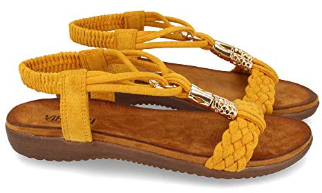 shoes&blues.es Sandalia Plana de Mujer, Comodas, Pala Trenzada en T, y Cierre de Elastico en el Talon, Primavera Verano 2021. Talla 37 Amarillo