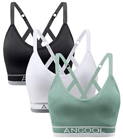 ANGOOL Sport BH Damen Einstellbarer Schultergurt Sport Bustier Damen Gepolstert Starker Halt Nahtlose Joggen Yoga Fitness Bra, 3er Pack, Schwarz + weiß + grün, XL