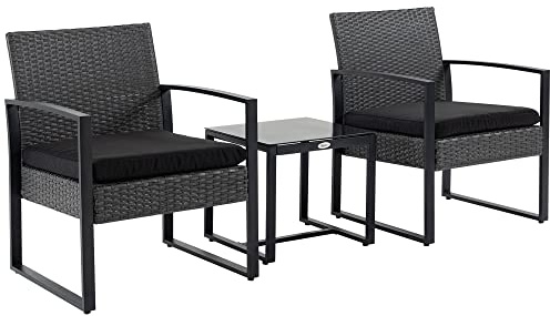 Outsunny Gartenmöbel, 2-Sitzer, 3-teilig, 2 Stühle mit Kissen + Couchtisch, Hartglas, Polyrattan, 4 Fäden, Rattanoptik, Schwarz