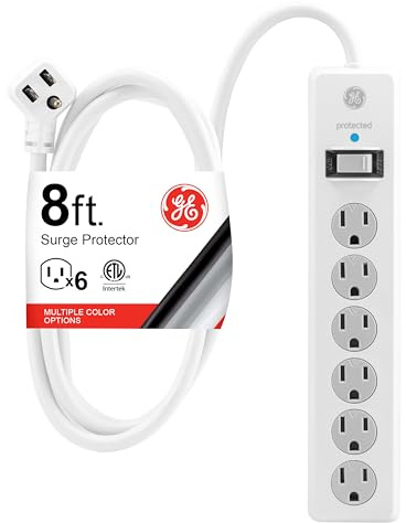 GE Surge Protector Power Strip, 8 Ft Extension Cord, 6 Outlet Extender, 800 Joules, Flat Plug, Twist-to-Close Safety Covers, ETL Listed, White, 67044
