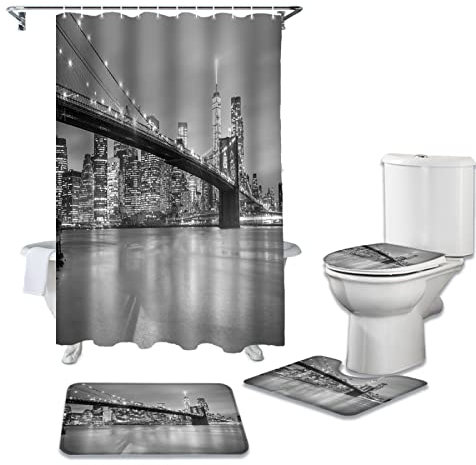 Duschgardiner med 3D-tryck New York City natt duschdraperi toalettsitsskydd set wc tillbehör matta badrumsdekor badgardiner