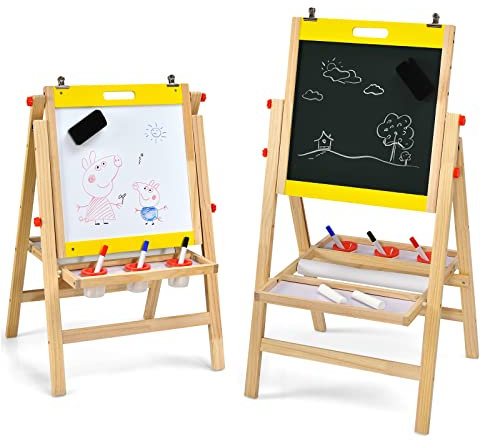 COSTWAY 3 in 1 Kinder Staffelei aus Kieferholz doppelseitig, Whiteboard & Kreidetafel & Zeichenpapier höhenverstellbar/klappbar, Kindertafel mit Ablage und Zubehör (Gelb)