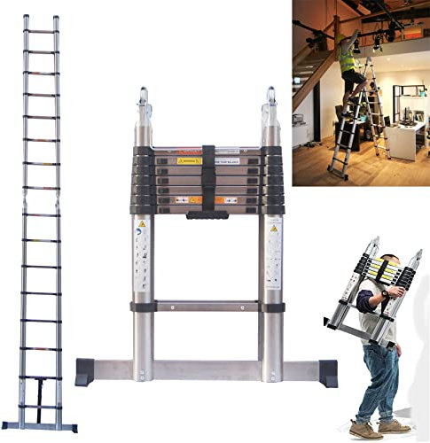 Stainless Steel 16.4FT/5M Multi-Purpose Ladder with Stabiliser Bar, A-Frame Extendable, Telescoping Foldable Step Ladder, EN131 Certified, Max Load 330lbs