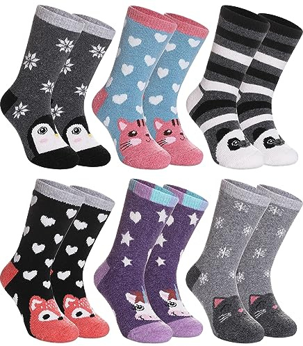 SDBING Kids Merino Wool Hiking Socks - Toddlers Boys Girls Warm Boot Cozy Thick Thermal Winter Crew - 6 Pairs (4-7 Years, Cute Animal)