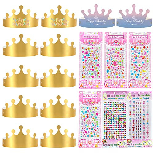 EQLEF Corone Di Carta, Cappellini Per Feste In Oro Corone In Cartone Regolabili Cappello Di Compleanno Fai Da Te Con Adesivi Con Strass Autoadesivi Per Feste Per Ragazze Dei Ragazzi 12 Pezzi (A)