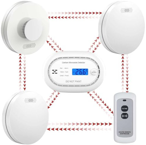 XINDUM Wireless Interlinked Smoke Alarms for Home, Heat Detector, Carbon Monoxide Detector with LCD Digital Display, Remote Controller, Fire Alarms with 10 Year Battery, Fire Detectors Bundle for Home