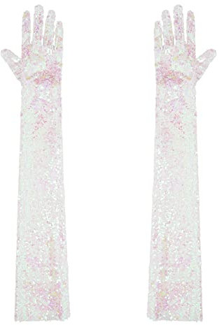 dPois Damen Finger Handschuhe Ellbogen Lange Pailletten Abendhandschuhe Mottoparty Fasching Karneval Kostüm Zubehör Weiß Einheitsgröße