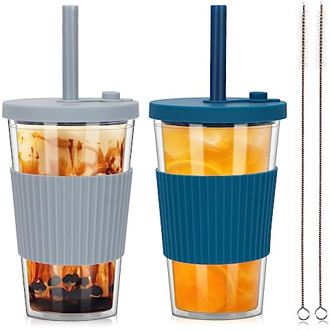 ZgoEC 500ml Bubble Tea Becher mit Strohhalm, 2pcs Smoothie Becher Plastikbecher, Mehrweg Trinkbecher mit Strohhalm, Tumbler Cup Doppelwandig Isoliert, Auslaufsicher Eiskaffeebecher für Geschenk