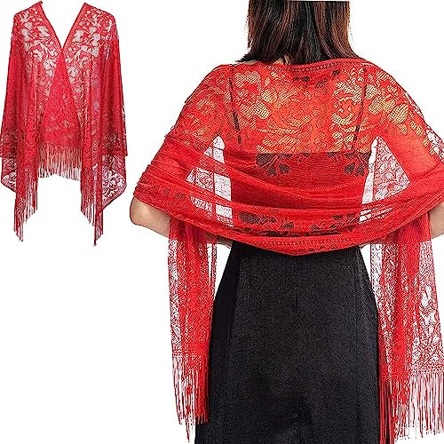 RY-EARL Mantones y Bufandas para Damas Vestido de Noche Estola Damas Festivo Bufanda de Encaje con Flecos Pañuelo para el Cuello