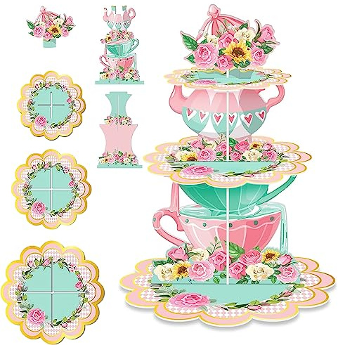 3Tier Cupcake Stand Holder, Floral Tea Party Decorations Dessert Cupcake Tower Afternoon Tea Stand, Cake Stand for Party Princess Princess Birthday Flower Theme Wedding Party, Tea Party Decor.