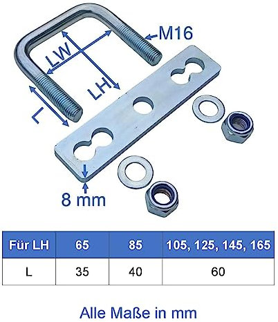 1 Stück M16 Vierkant U-Bolzen, U-Bügel, quadratische Bügelschraube mit Gewinde Stahl verzinkt - mit Gegenplatte, Sicherungsmuttern, & Unterlegscheiben - (LW92 x LH145 mm)