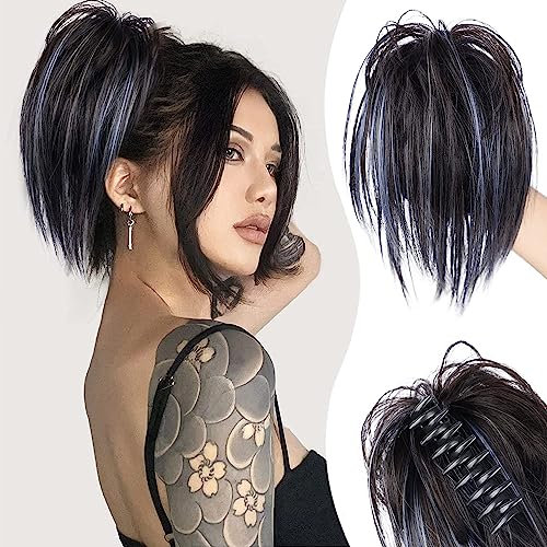 PORSMEER Pferdeschwanz Extensions mit Klammer Kurz Gerades Haargummi Clip in Haarteil Ponytail Natürliches Kunsthaar Haar Haarverlängerunge Messy Bun für Damen Mädchen