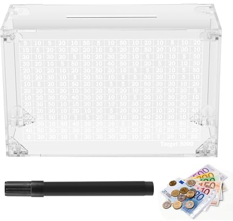 Erpmlyo Spardose mit Zähler Acryl Transparent Money Box Sparbox 5000 Euro Zusammengebaut, Abnehmbar und Wiederverwendbare Sparbox mit Zahlen Ankreuzen (5000€)